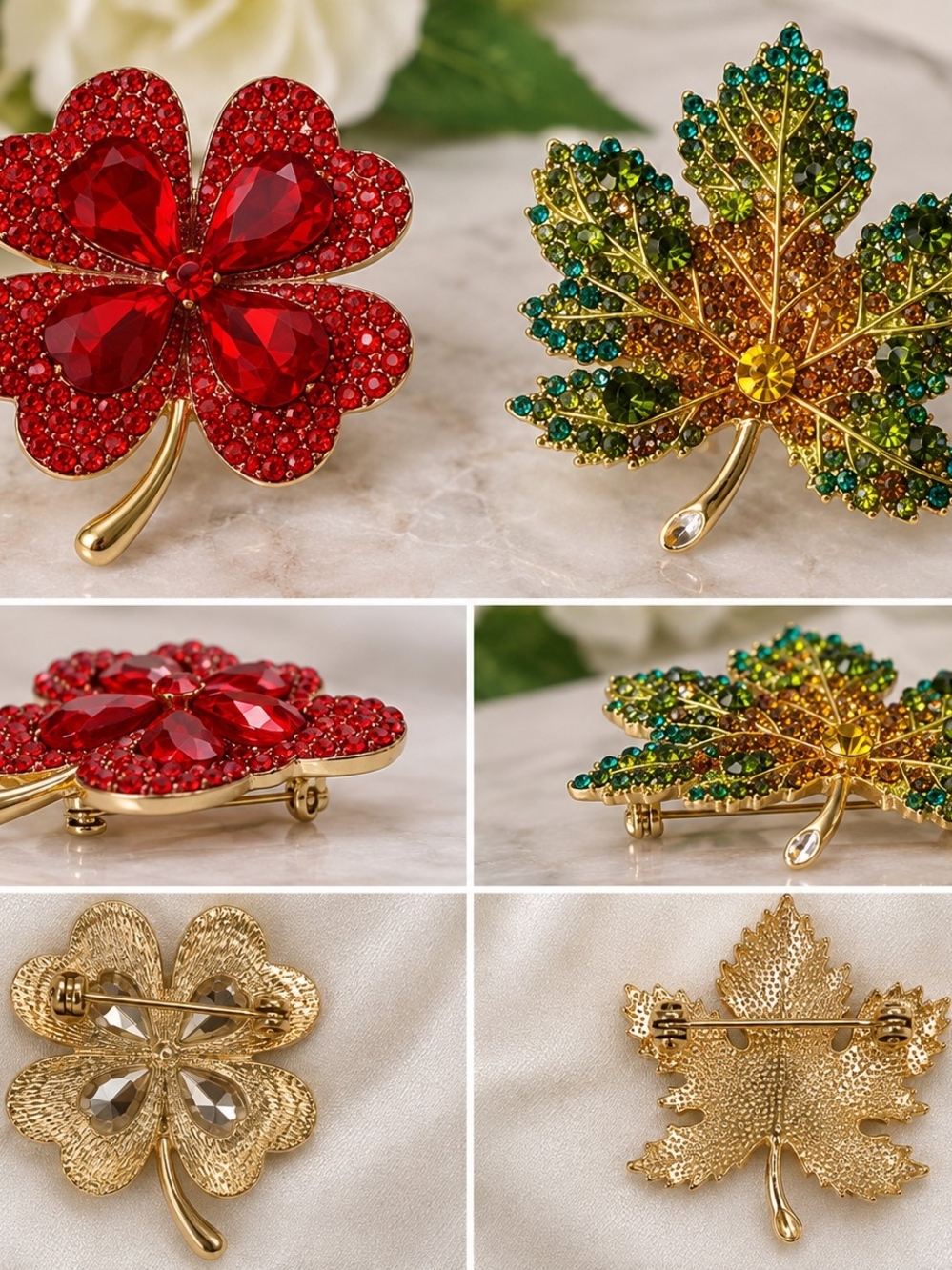 2-Pc Rhinestone Brooch Set Red Clover & Multicolor Leaf Gold Tone